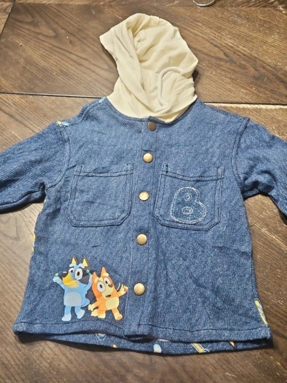 Kids Denim-Look Hooded Jacket with Cartoon Patch - Bluey